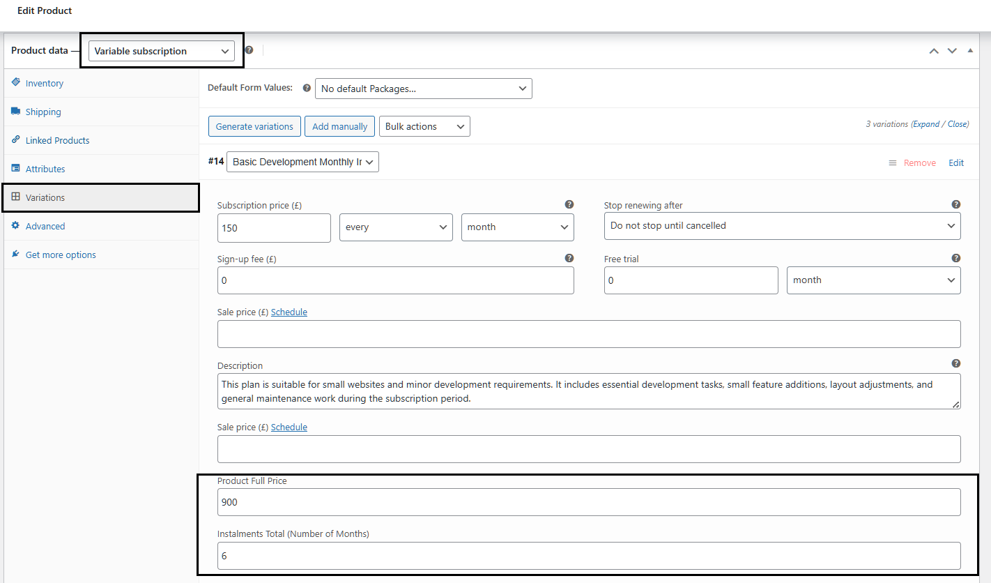 Variable product settings screen showing per-variation instalment and full price fields.