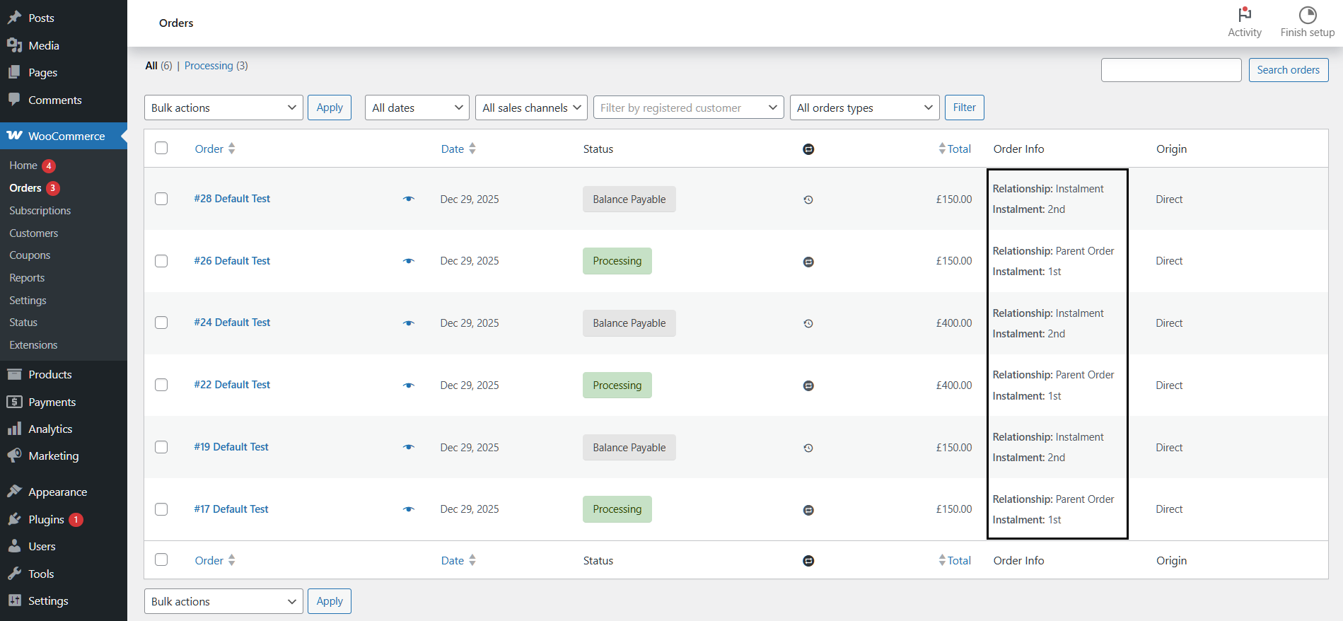 Renewal order screen showing the instalment number and its relationship to the parent order.