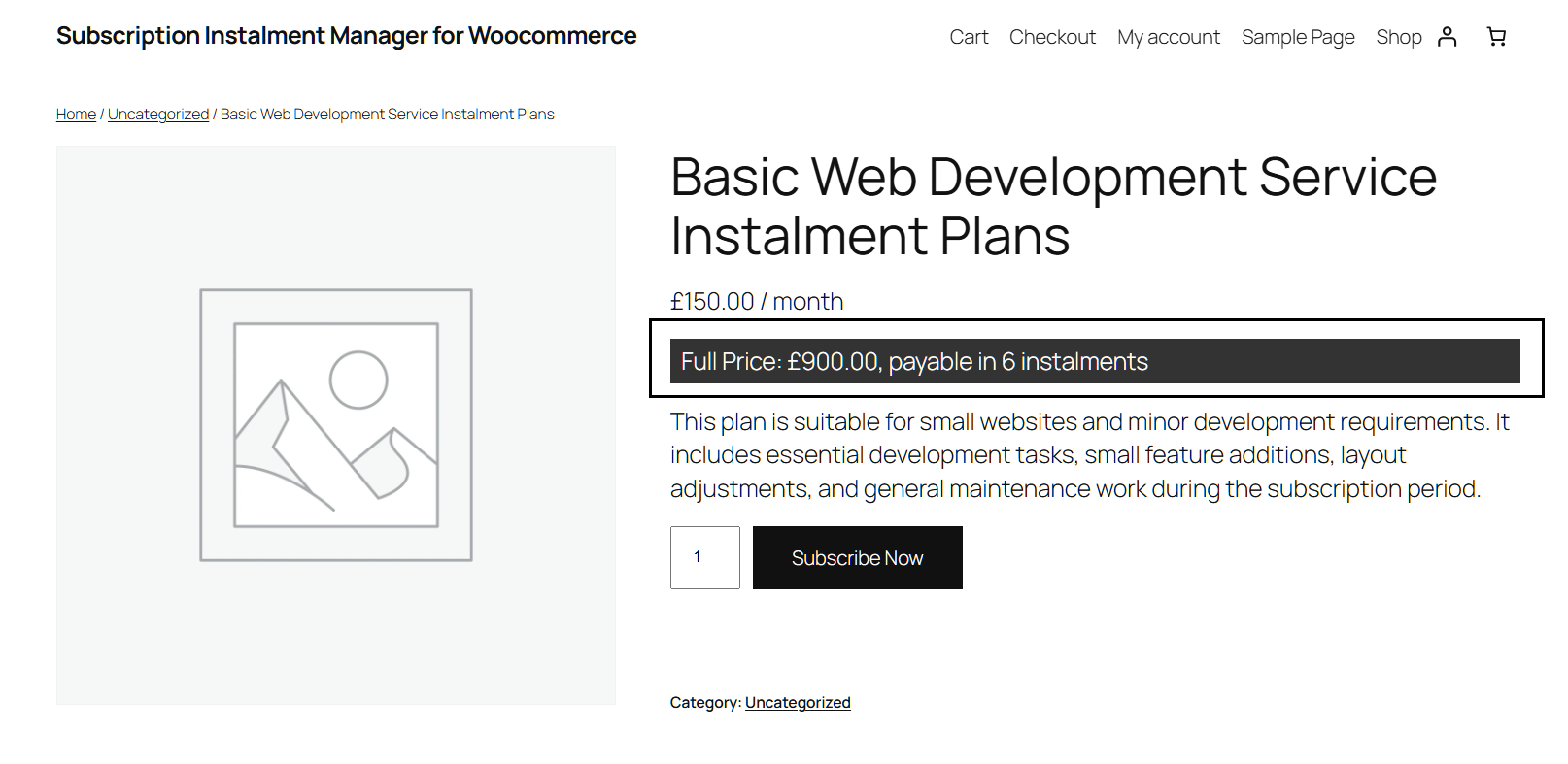 Full price display on the frontend for a simple subscription product.