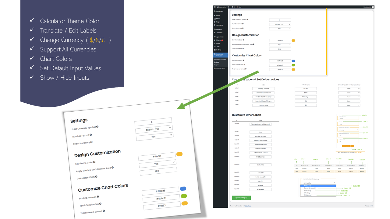 Customize Design, change currency, change chart colors from one dashboard.