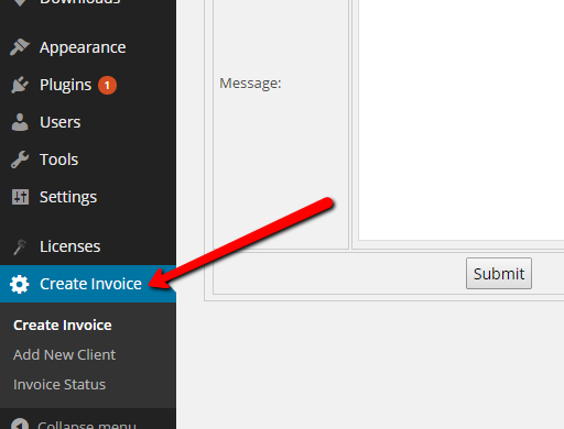 Create Invoice at the Dashboard with its submenu Add New Client and Invoice Status.