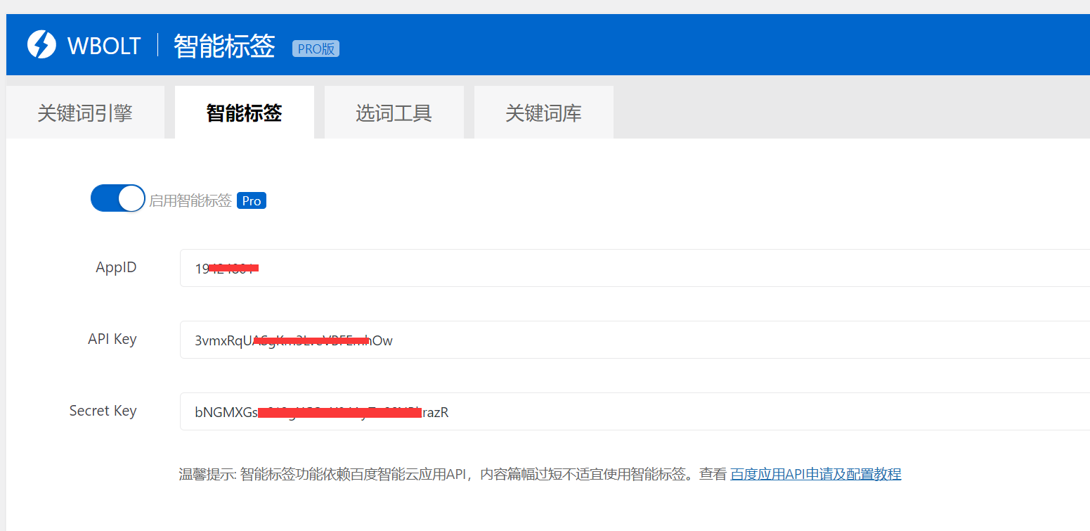 智能标签 API 接口设置界面.