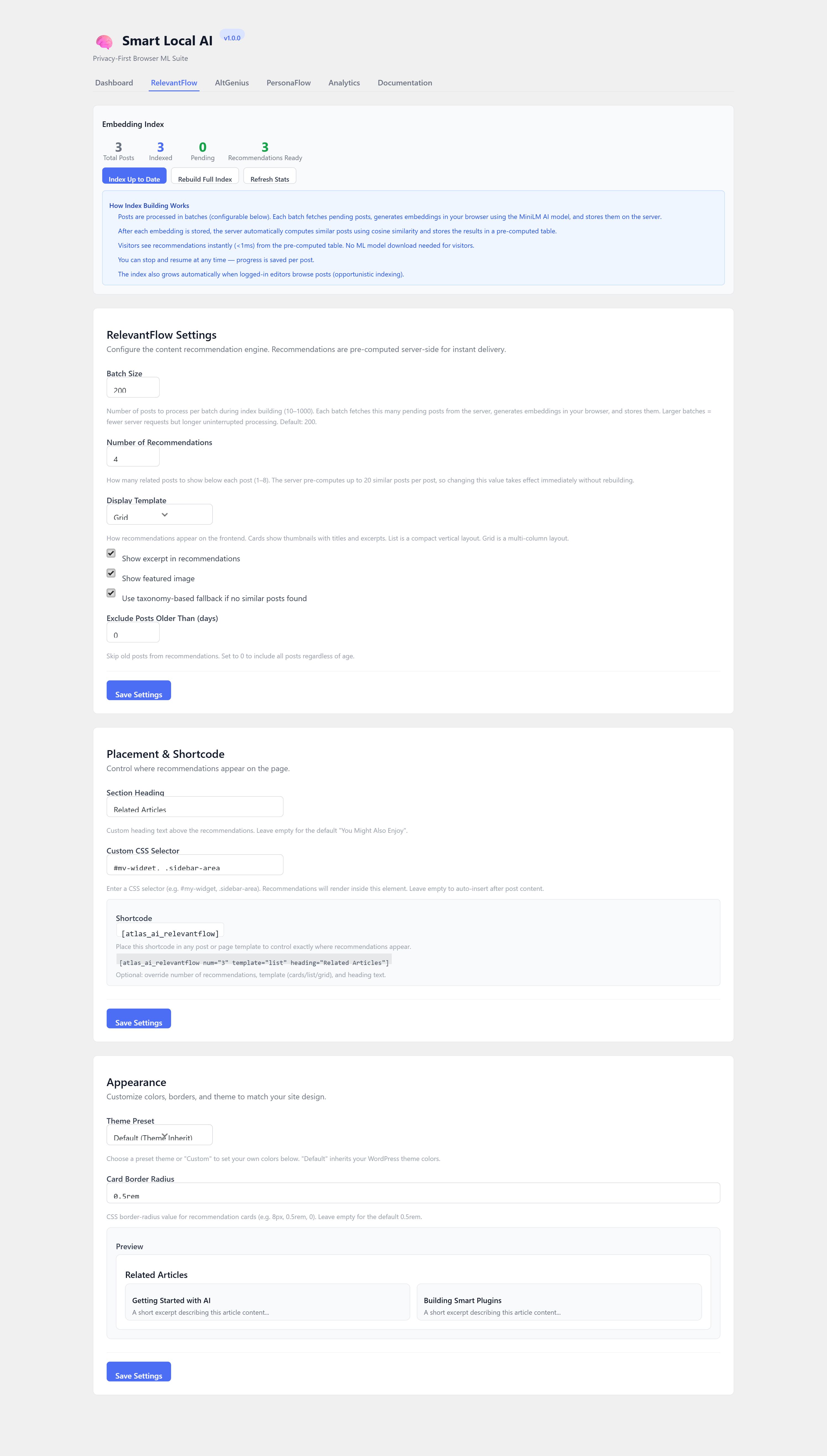 RelevantFlow Settings — Configure recommendation display, build embedding index, customize appearance