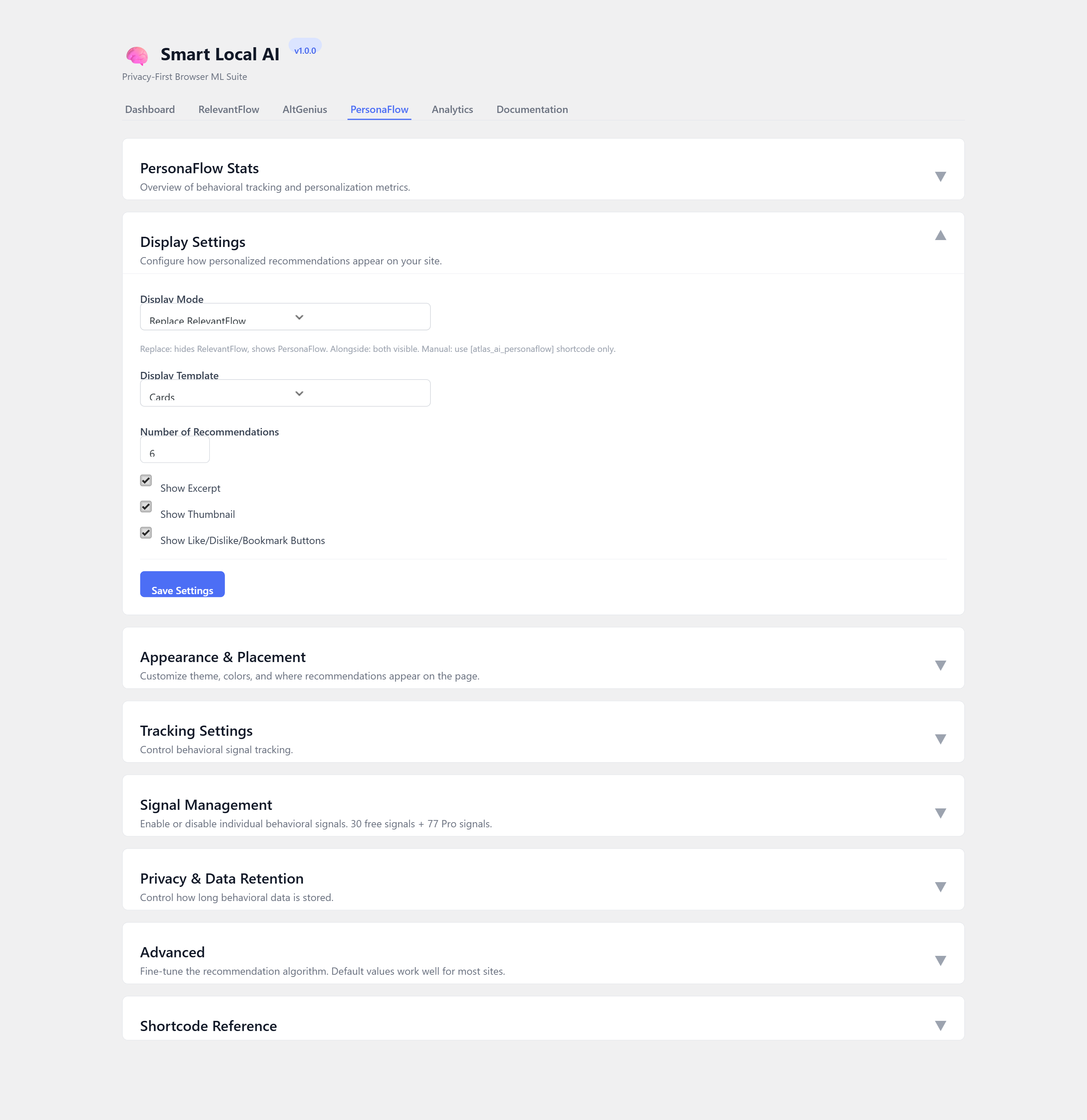 PersonaFlow Settings — Configure personalized recommendations and behavioral tracking
