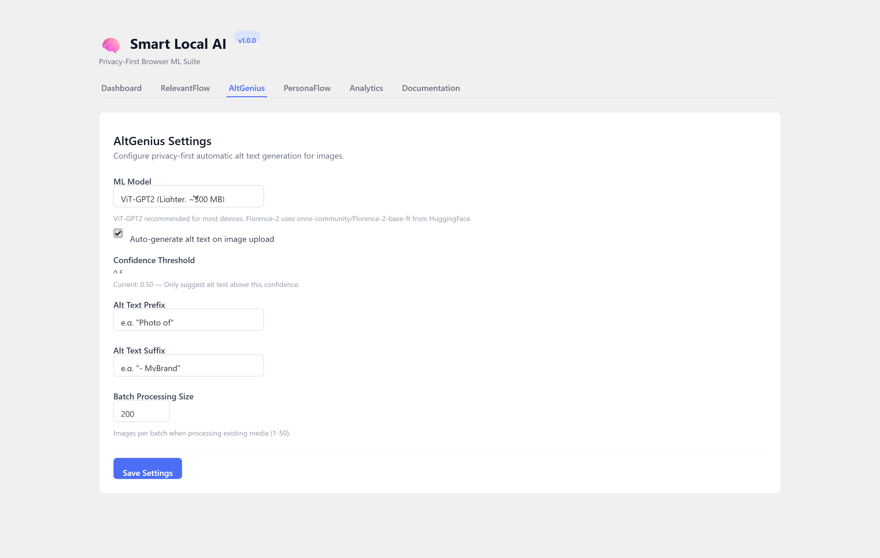 AltGenius Settings — Choose AI model, configure prefix/suffix for alt text