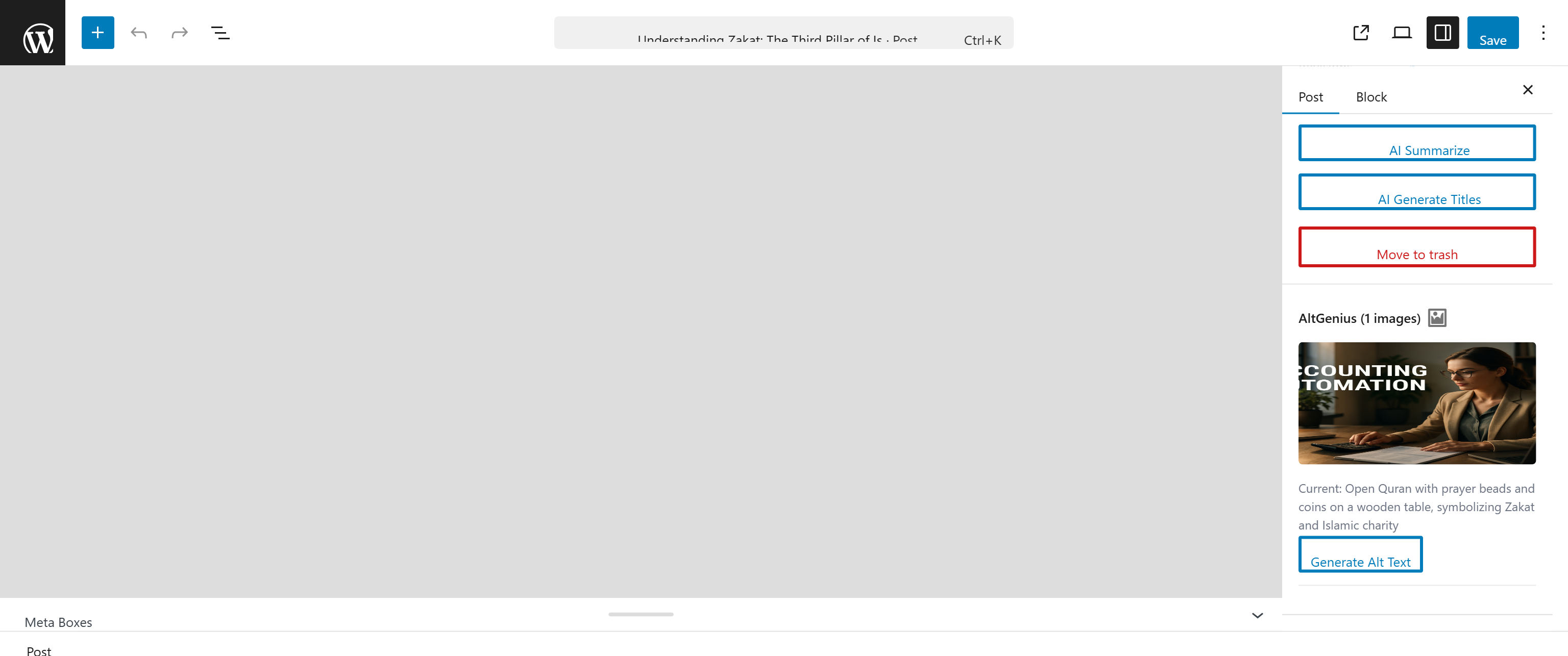 AltGenius Editor Panel — Per-image alt text generation in the block editor