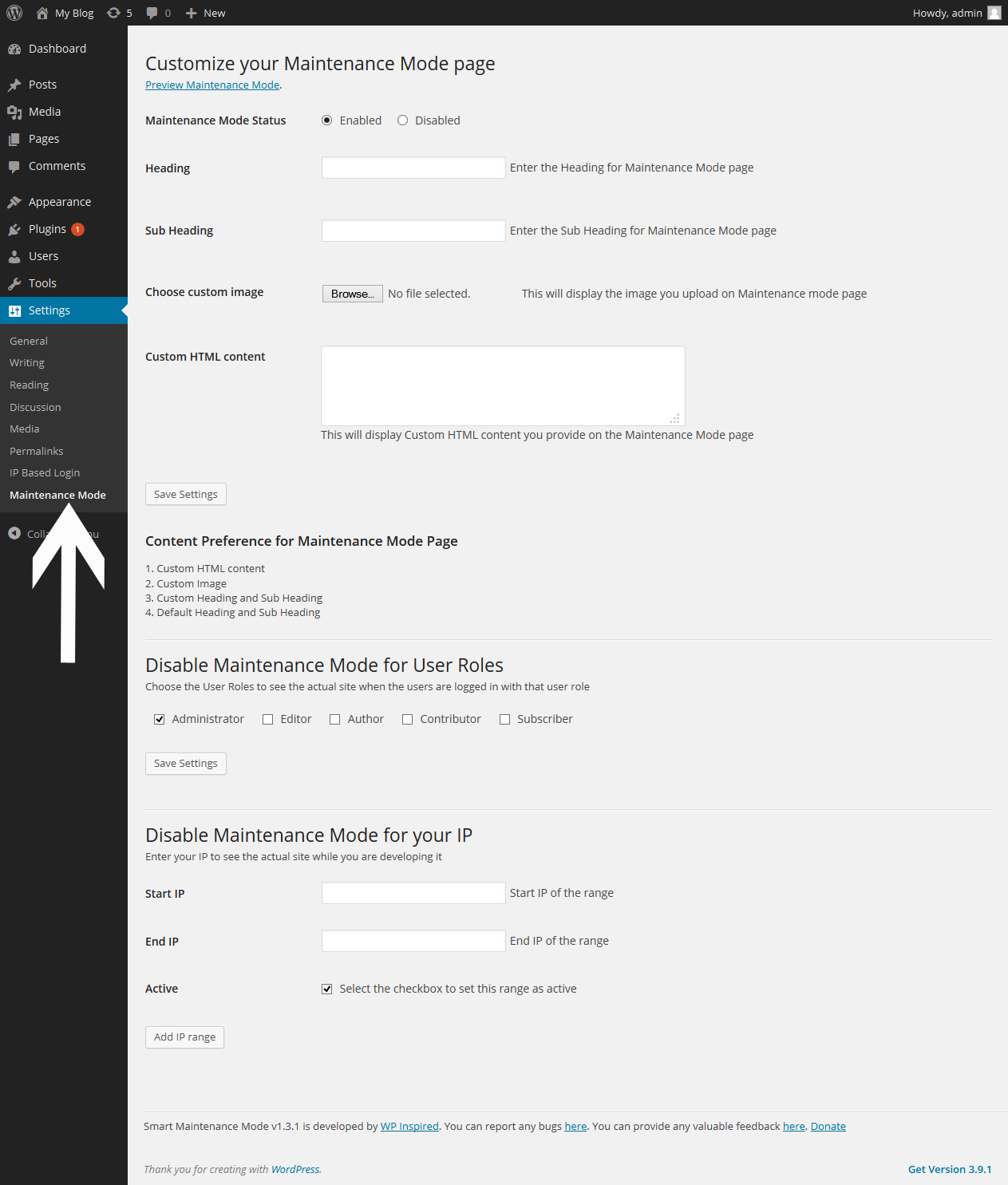 Admin panel options to manage Smart Maintenance mode