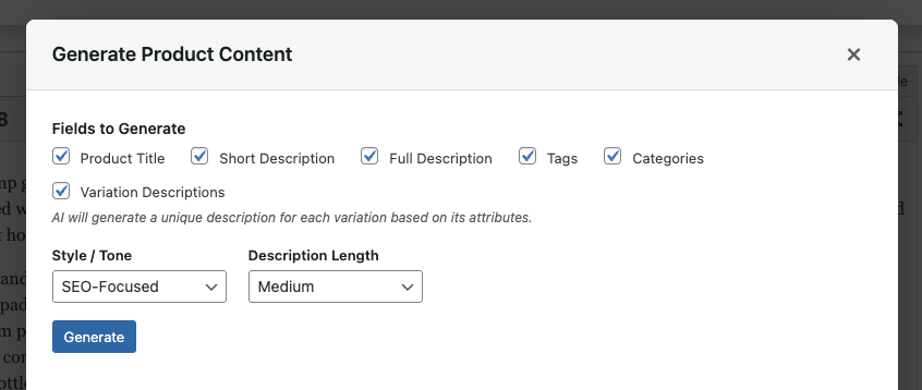 AI content generator modal with field selection