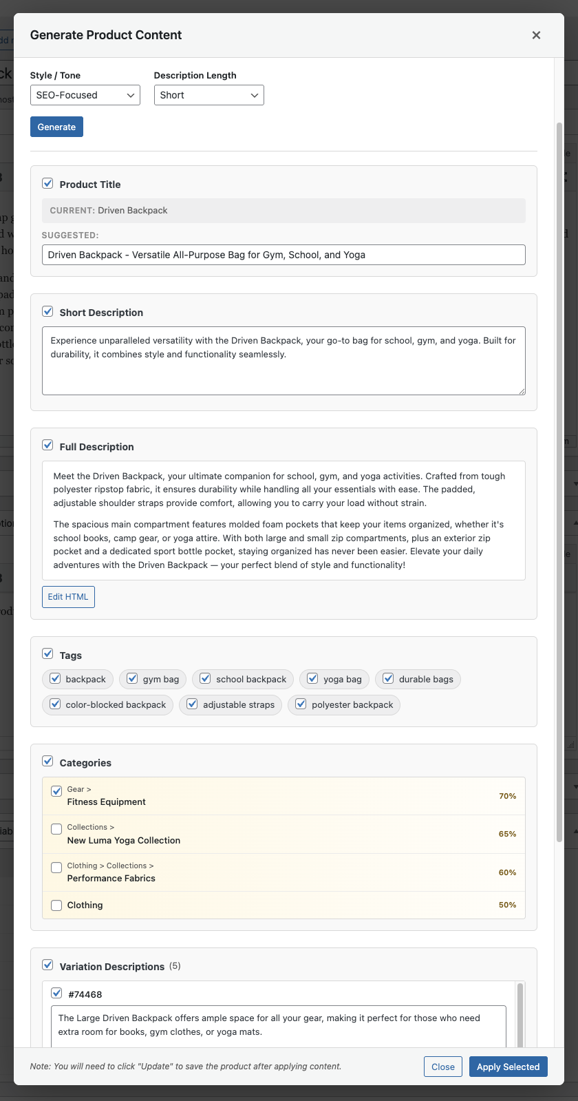 Generated content results ready to review and apply