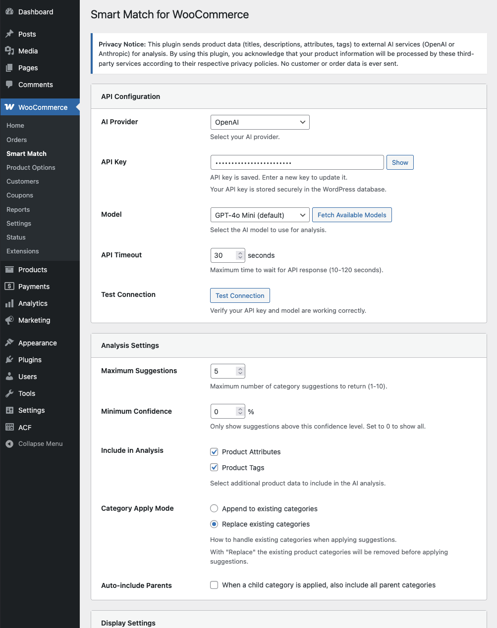 Plugin settings page with API provider configuration