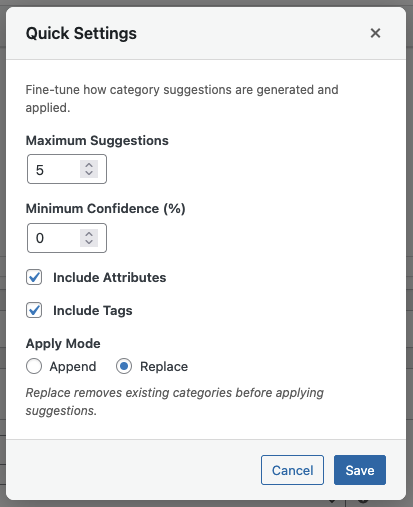 Quick settings modal for adjusting options on the fly