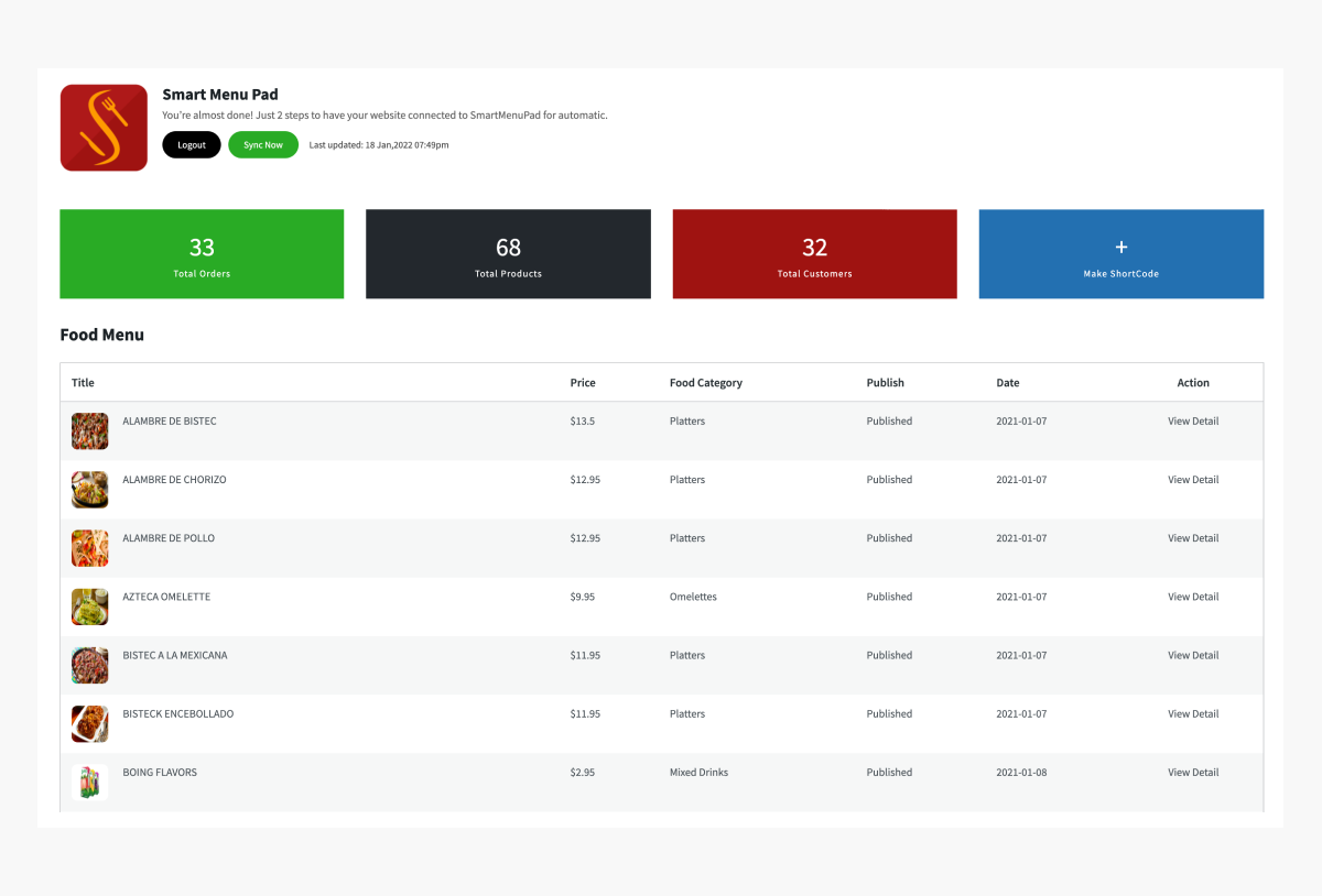 Dashboard for Smartmenu in your own website