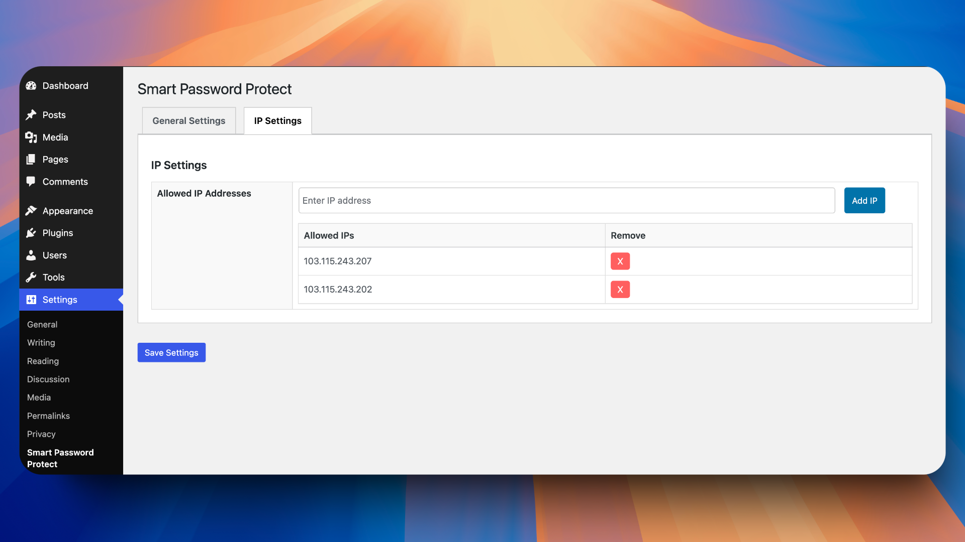 **IP Settings Page:** A screenshot of the IP Settings page, displaying the interface for managing allowed IP addresses.