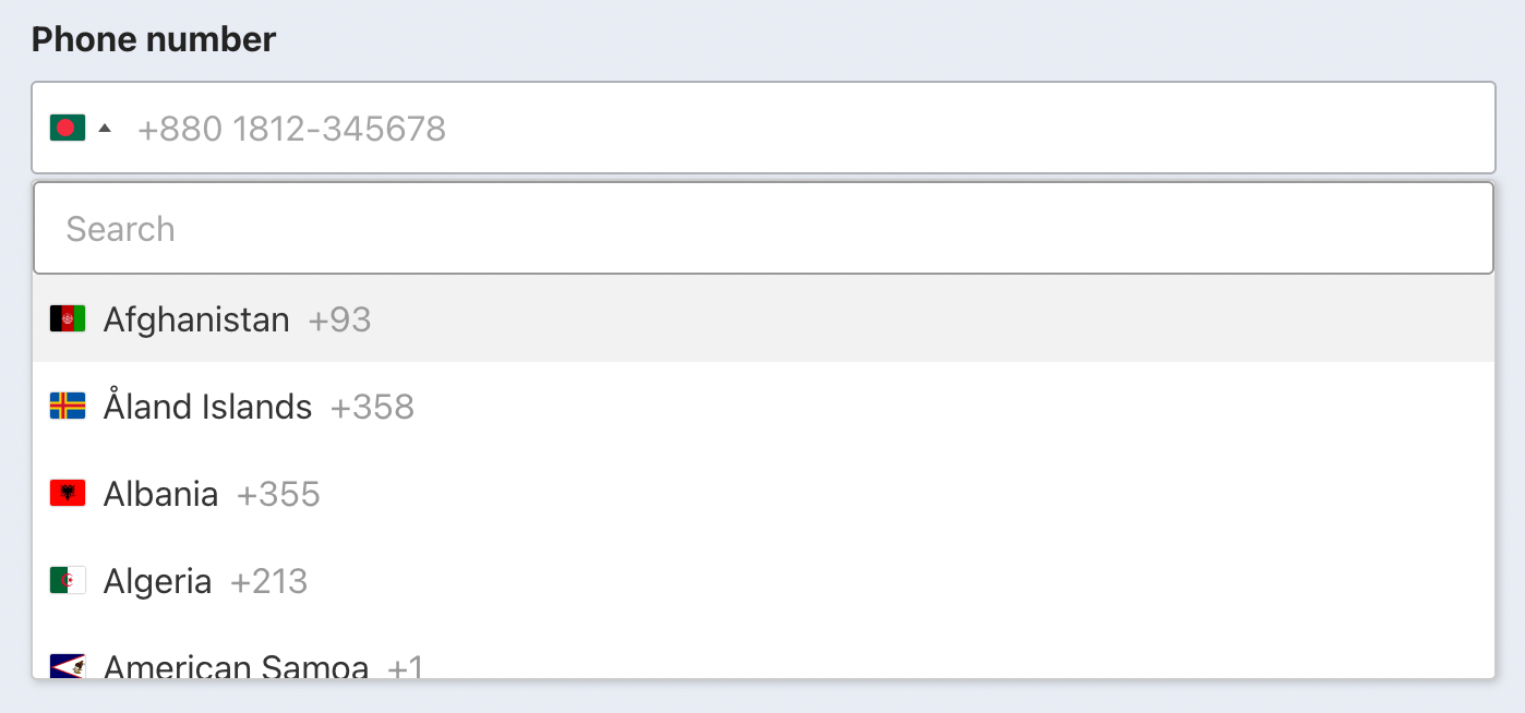 Selectable country codes with flags.