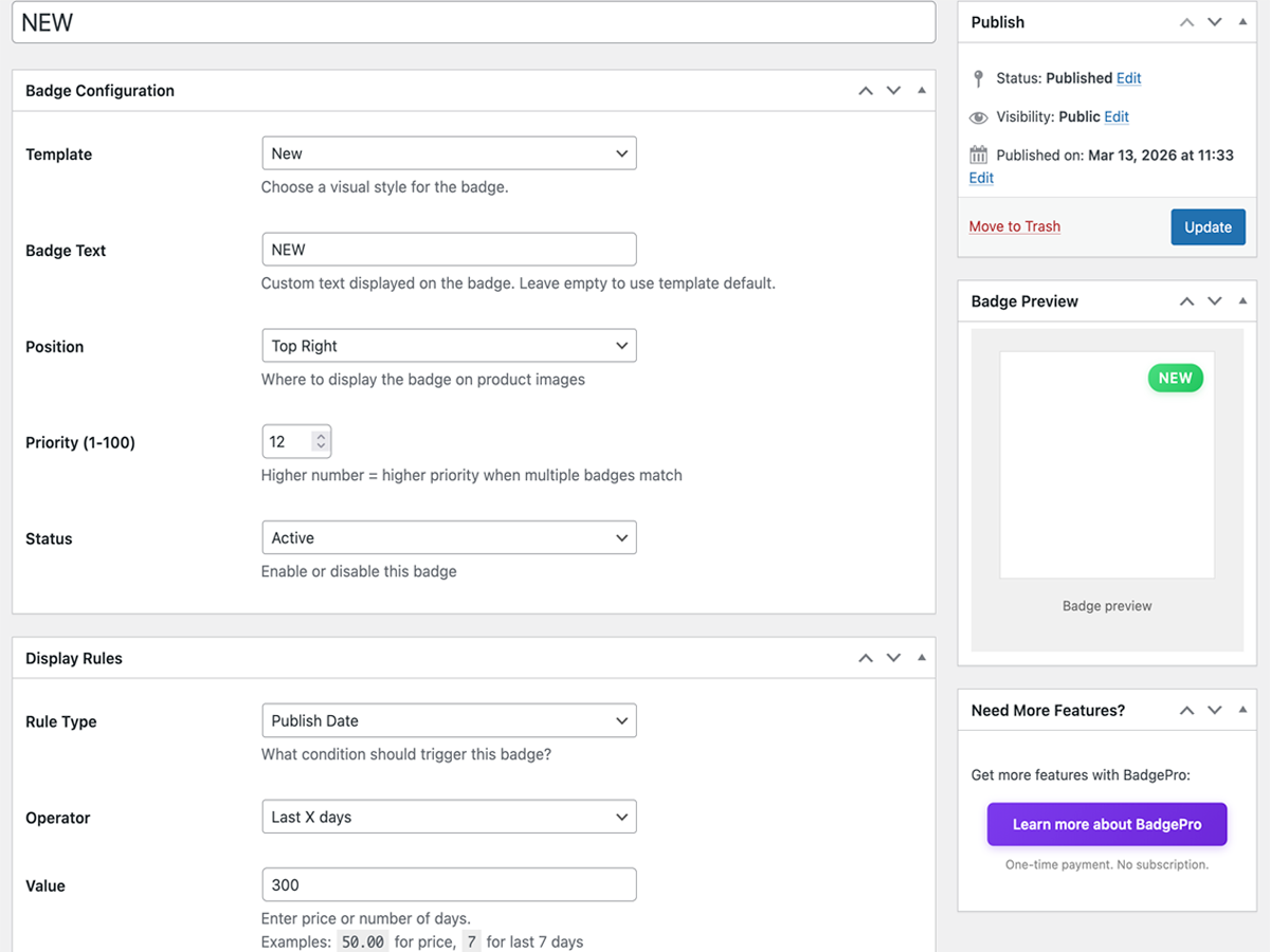 Badge creation interface — choose template, text, and display rules