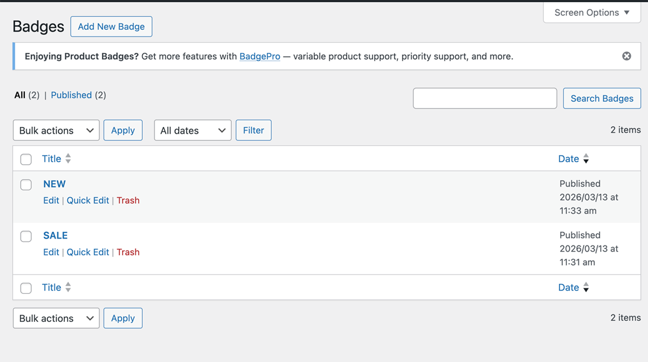 Badge list in admin — manage all your badges in one place