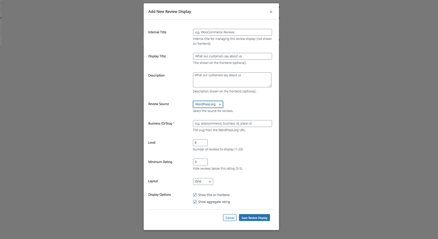 Add/Edit review display modal