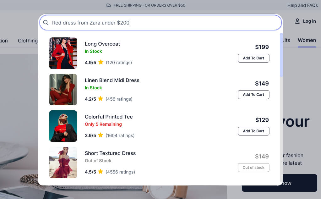 Screenshot of how the plugin works on an E-Commerce Store. In the screenshot, a search query for \"Red dress from Zara under $200\" is being asked. The plugin automatically understands the context and requirements of the user and shows the relevant results