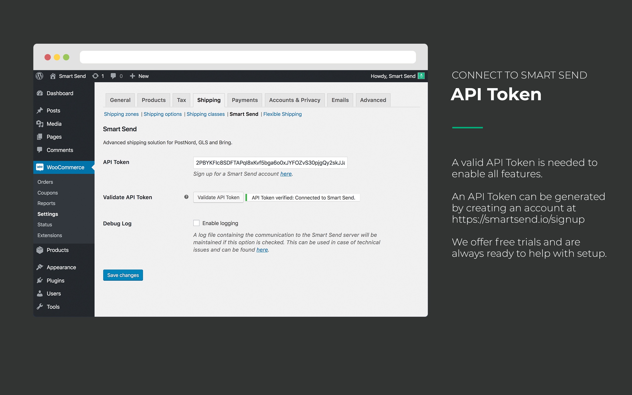 Connect WooCommerce to Smart Send by entering the API Token
