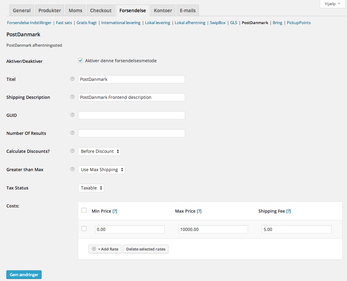 The shipping methods are all table rates and can be set in the WooCommerce shipping menu.