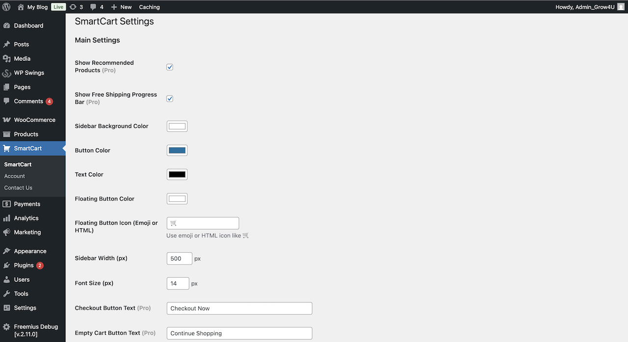 Admin settings panel for customization
