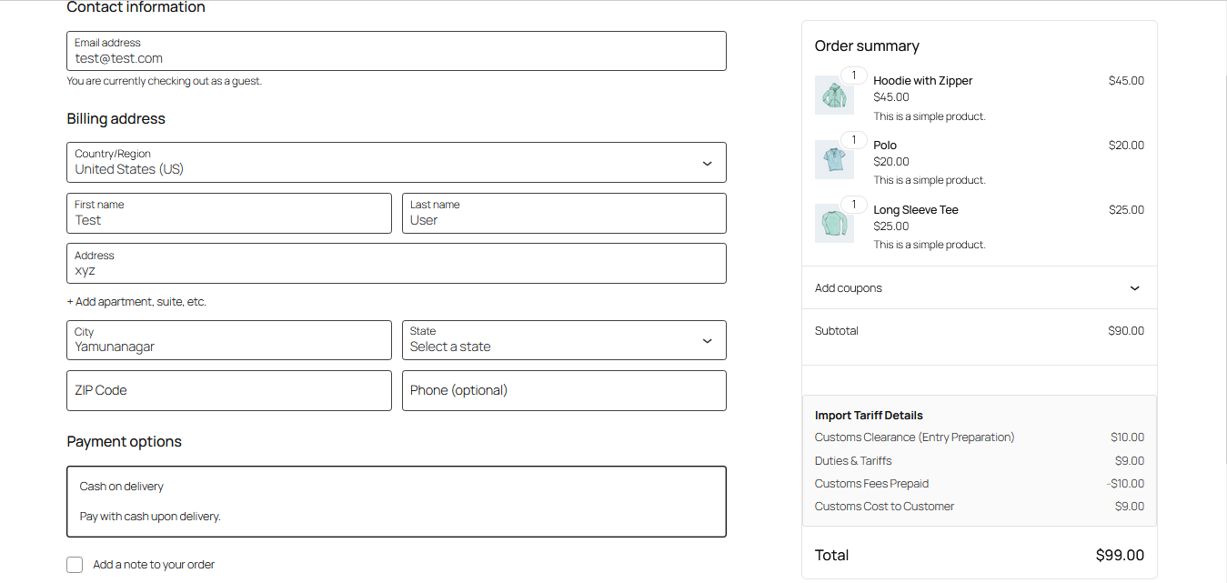 Tariff information on the checkout page