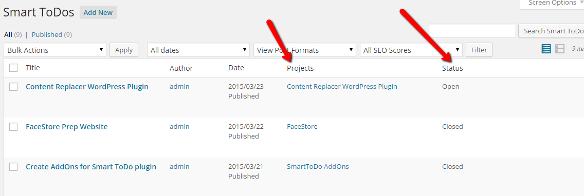 Columns Projects and Status at Manage Smart ToDos page.