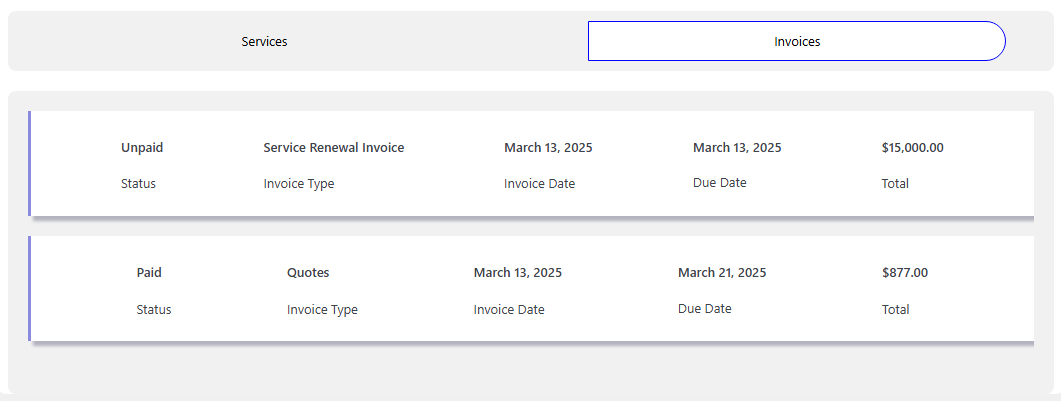 Admin view of all client services and invoices.