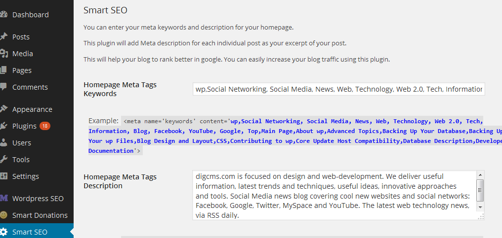 Preview of Smart wordpress SEO - Home page Keywords and description