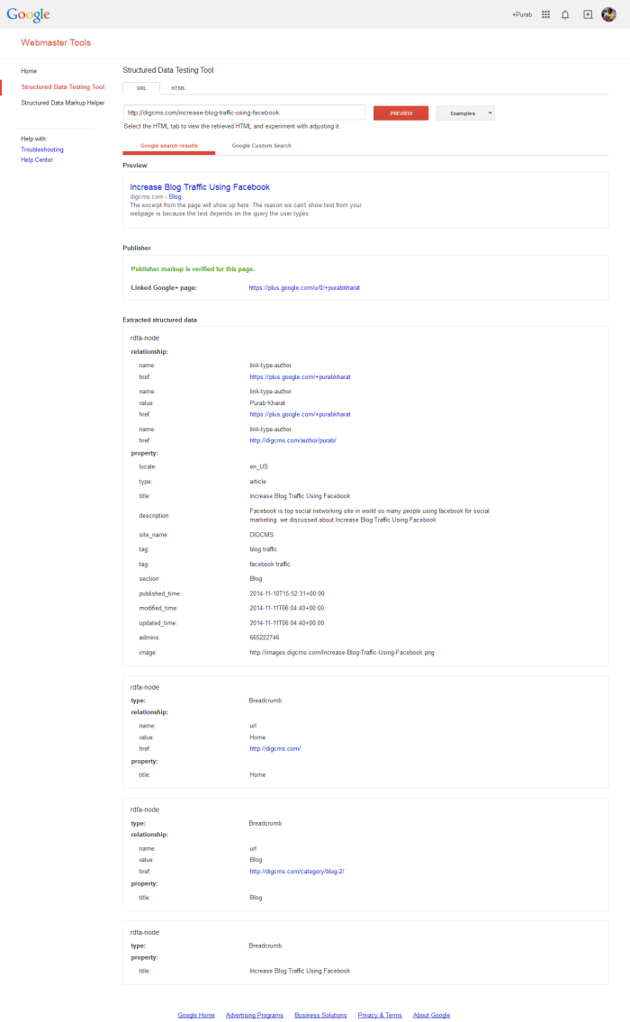 Google Webmaster full support - example result given