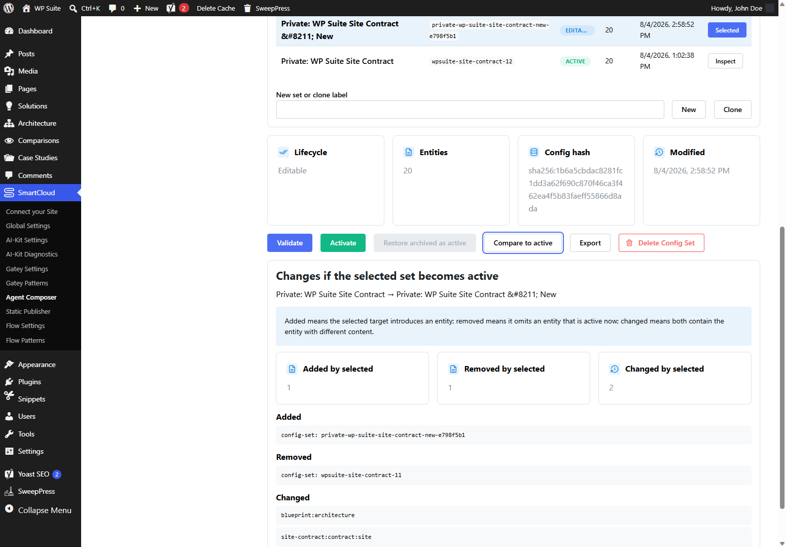 Config Set lifecycle with an explicit Active-to-Selected comparison