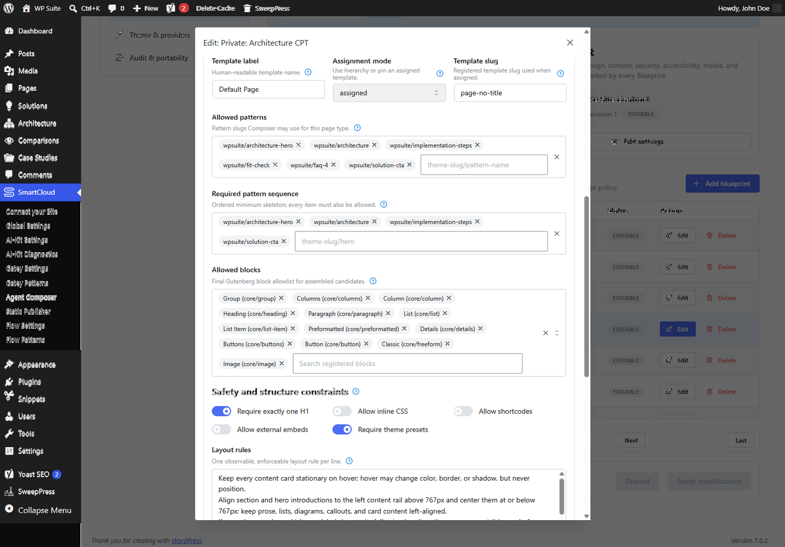 Guided page Blueprint editor with target, excerpt, field, relation, media, pattern, block, and policy controls