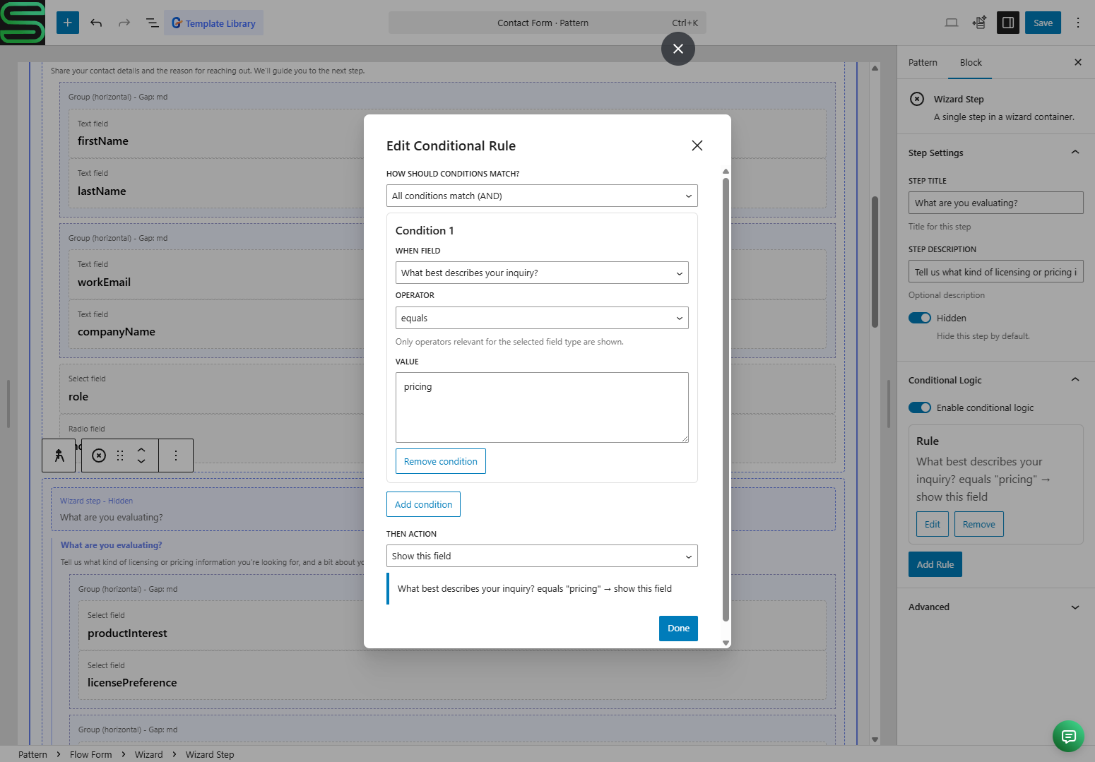 Conditional logic editor for a field