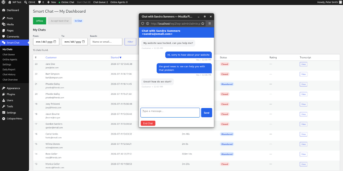 Agent dashboard — My Chats view with filters, sorting, and ratings