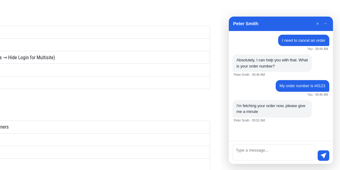 Settings — color picker, messages, position, and page targeting