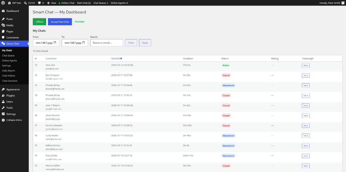 Chat History — all chats stats with date range and rating breakdown