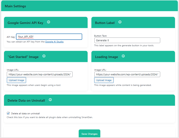 **Main Settings** – Configure API key, button text, and other plugin options.