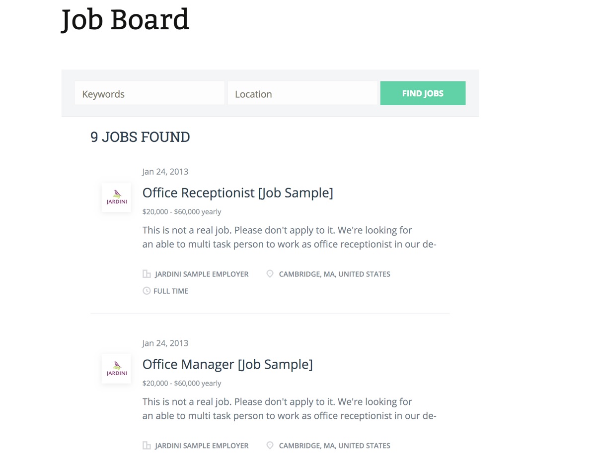 A job board inside your WP website page