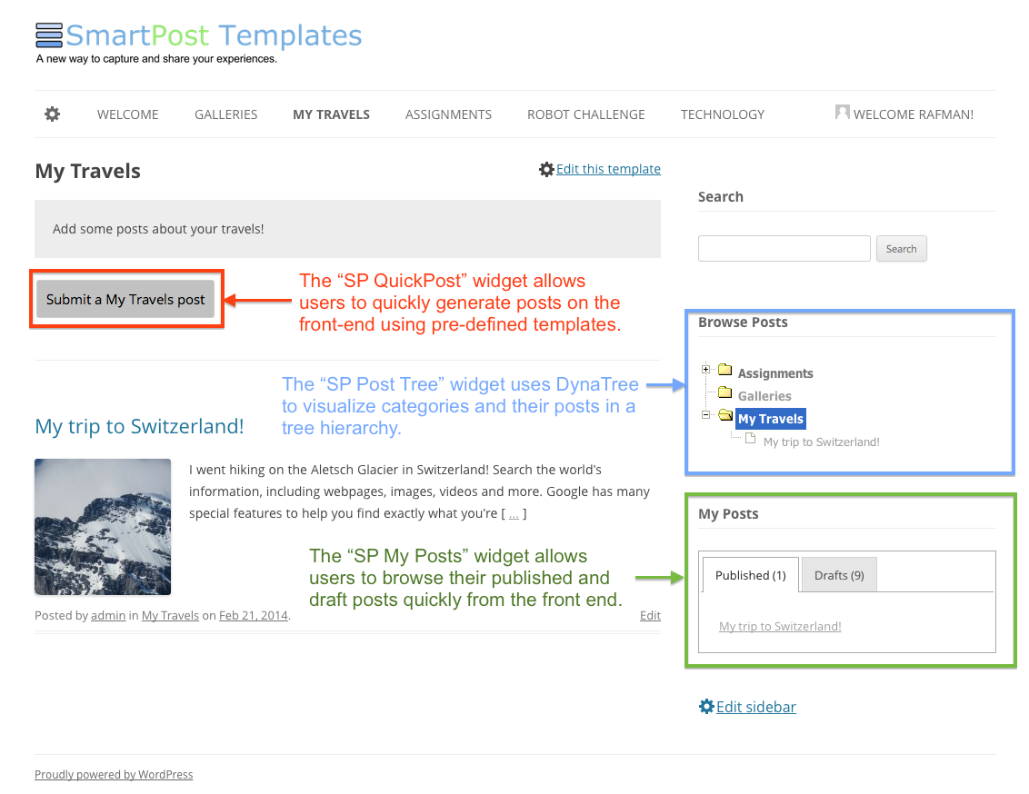 Build category templates across your taxonomy - each category can have its own template. Posts created using the "SP QuickPost" widget will follow the structure of the template.