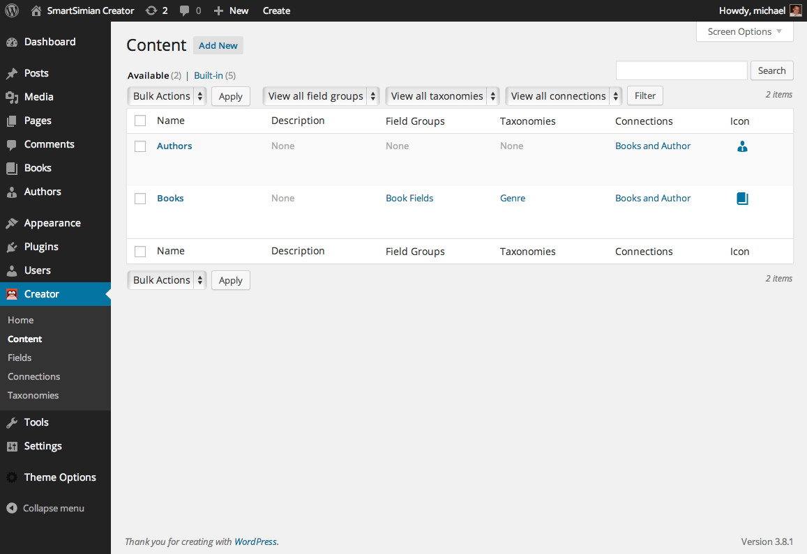 Viewing our sample custom content types