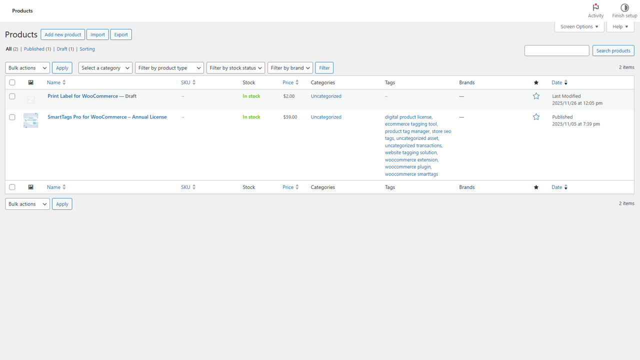 Generated tags applied directly to WooCommerce products