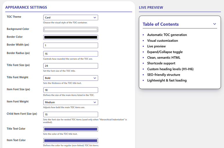 Live preview with admin styling options.