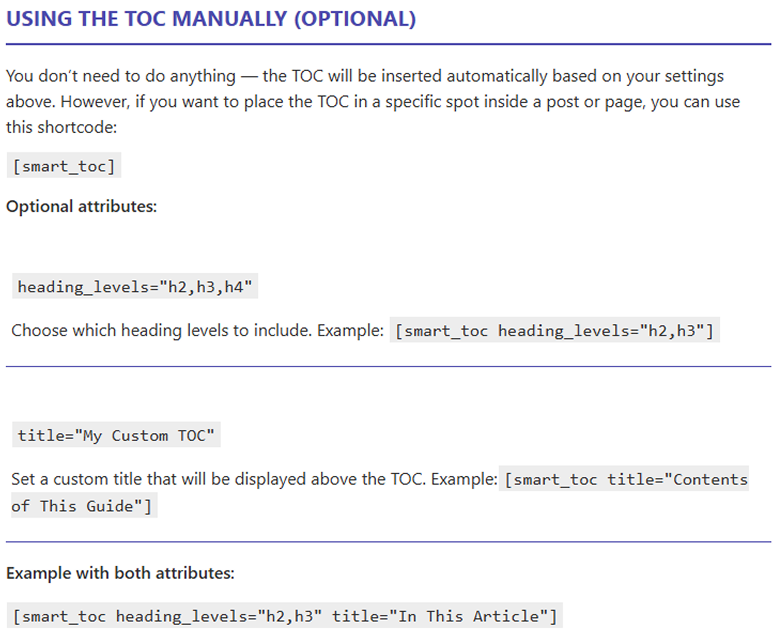 Shortcode settings and manual control.