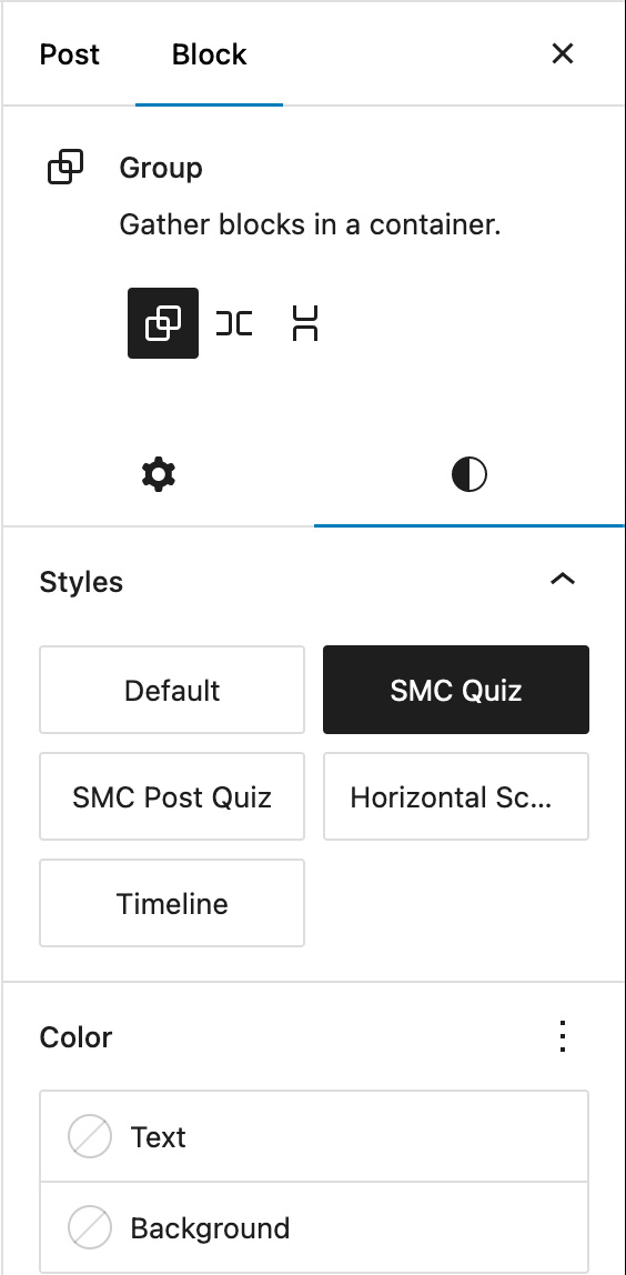The Settings Panel for a group block showing the SMC Quiz block styles. The root "SMC Quiz" style is selected.