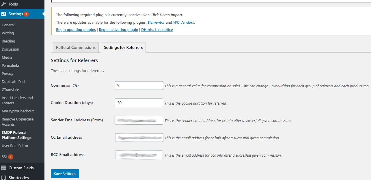 SMDP Referral Platform Settings - Global Settings for Administrator. General Commission Percentage Amount, Cookie Duration and Email addresses.