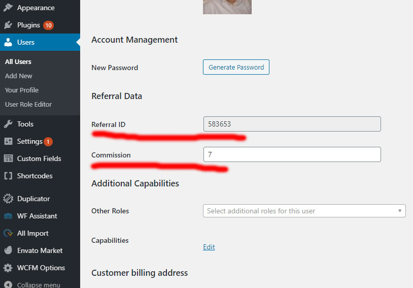 User Account Management -  Referral ID, and Commission Percentage Limit for User.