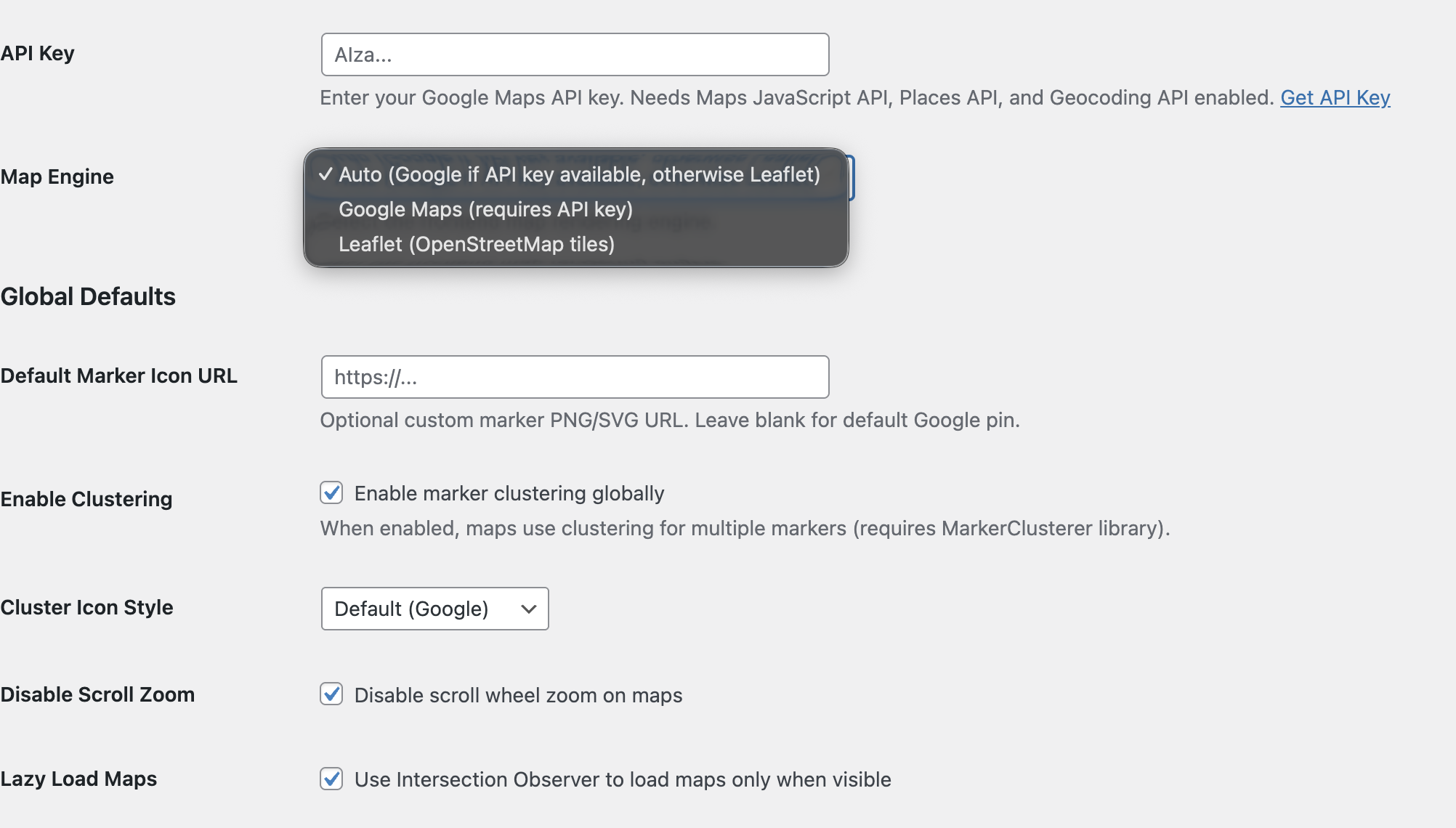 Admin Settings with map engine selection and API key