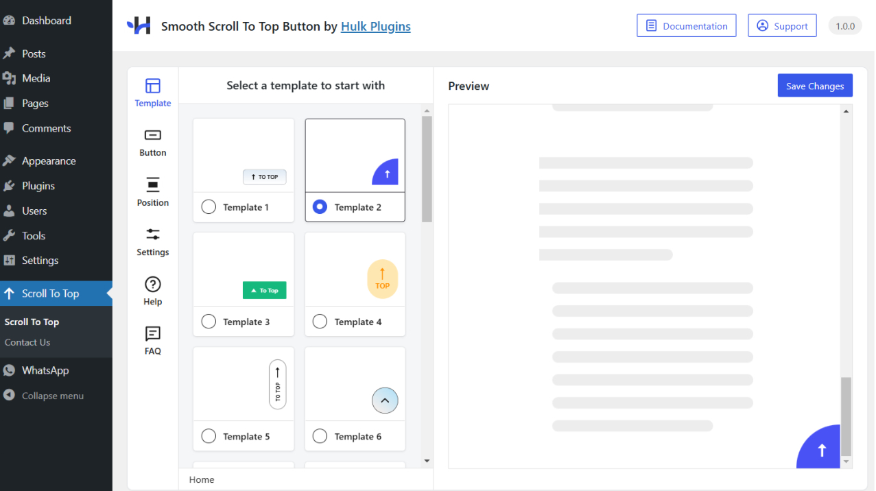Smooth Scroll To Top Button settings page.