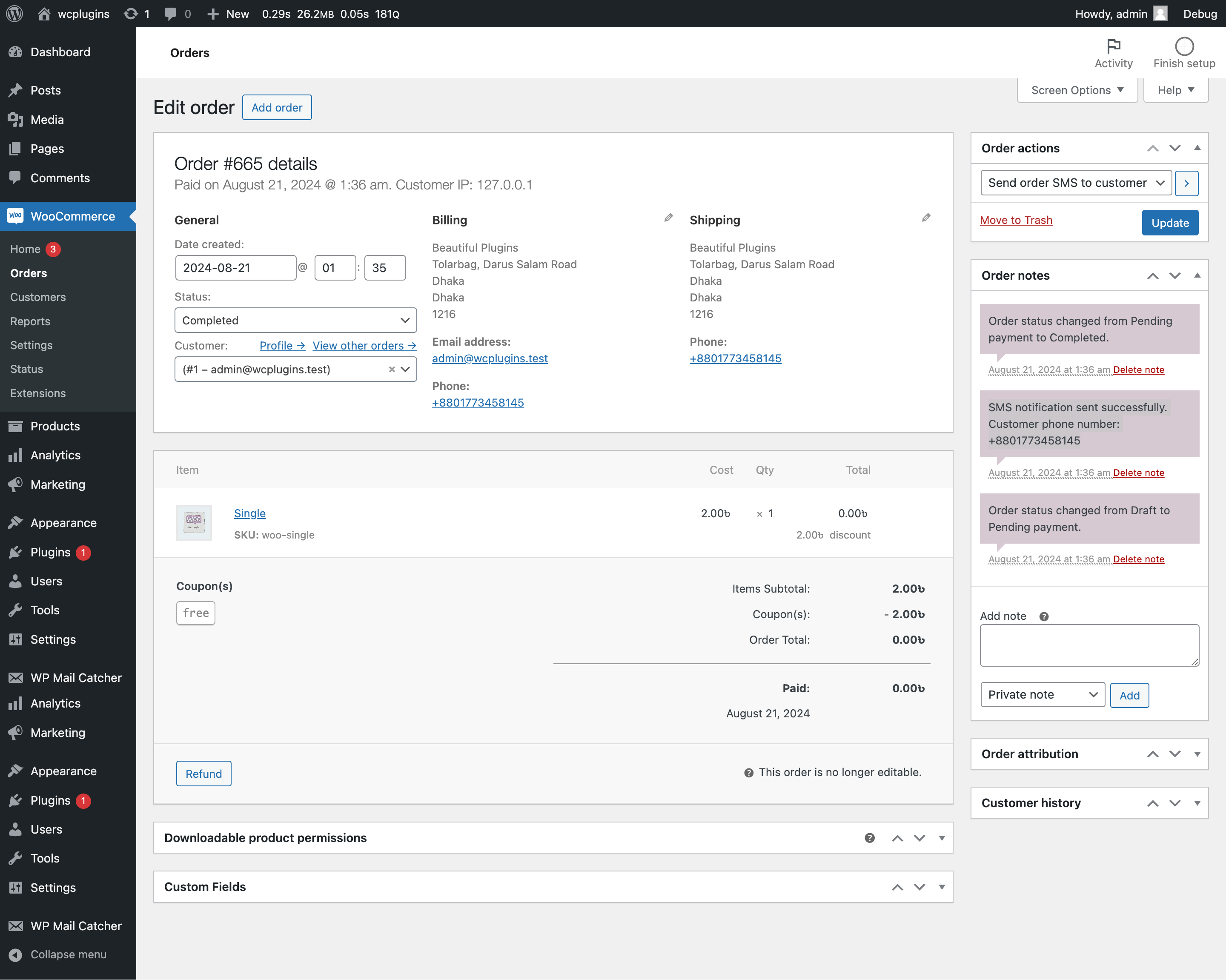 Order Edit - Send SMS Notification to Customer action