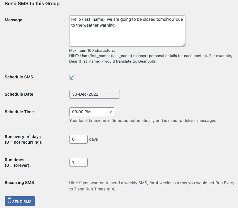 Send SMS to your chosen WordPress user